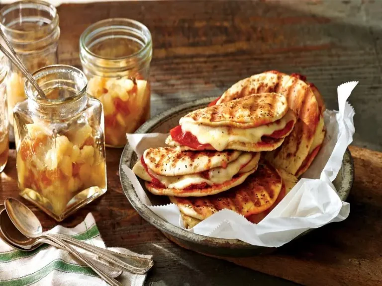 Chicken-Pizziola Panini with Green Tea Spiced Pears